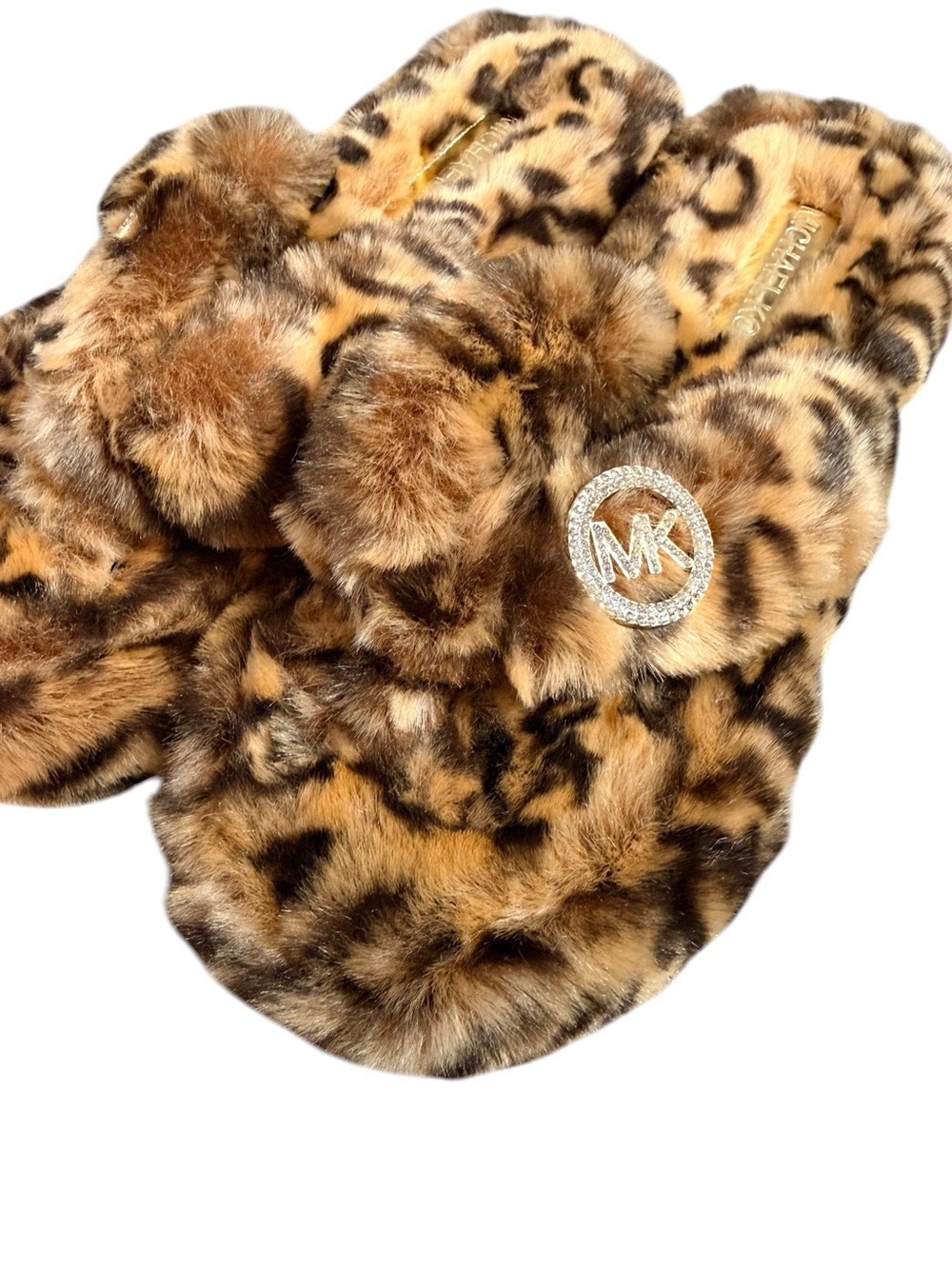 Michael Kors Leopard Faux Fur Slippers Rhinestone MK Logo Size 8M - Picture 6 of 10